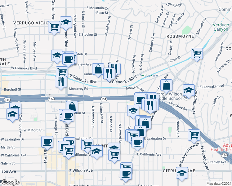 map of restaurants, bars, coffee shops, grocery stores, and more near 645 Balboa Avenue in Glendale