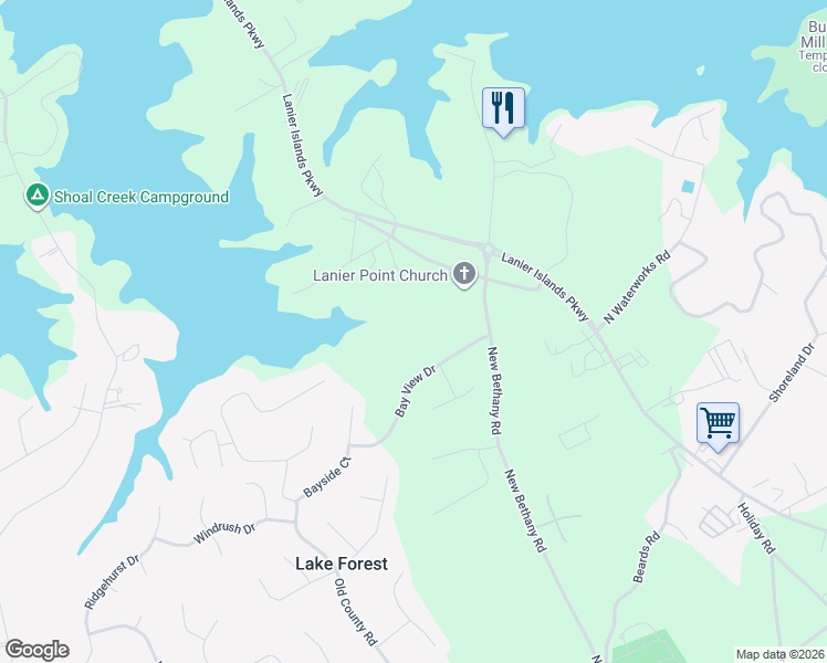 map of restaurants, bars, coffee shops, grocery stores, and more near 5885 Bay View Drive in Buford