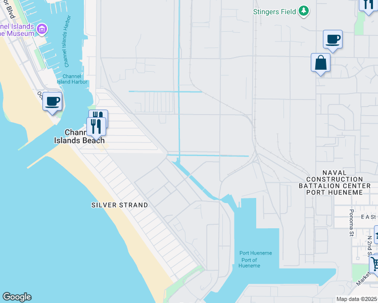 map of restaurants, bars, coffee shops, grocery stores, and more near Pleasant Valley Canal Road in Oxnard