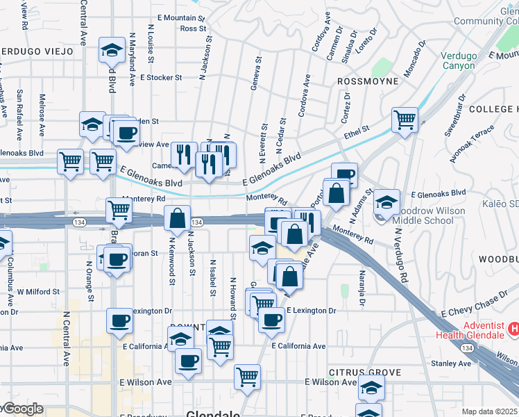 map of restaurants, bars, coffee shops, grocery stores, and more near 645 Balboa Avenue in Glendale