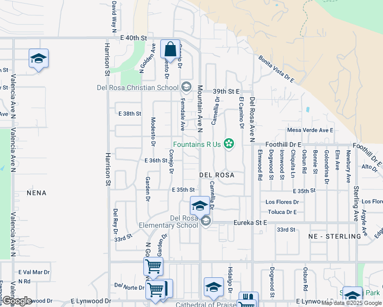 map of restaurants, bars, coffee shops, grocery stores, and more near 3600 Mountain Avenue North in San Bernardino