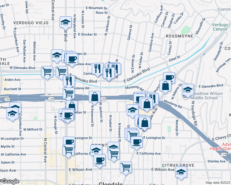 map of restaurants, bars, coffee shops, grocery stores, and more near 711 North Howard Street in Glendale