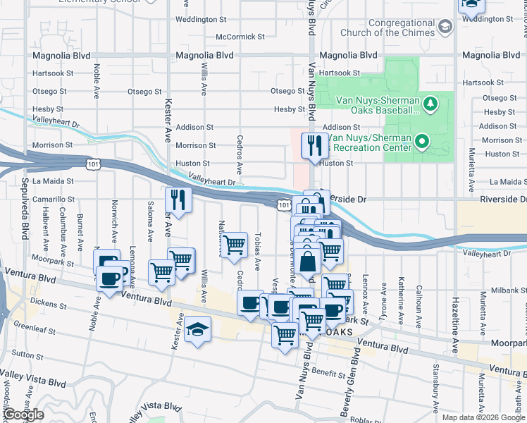 map of restaurants, bars, coffee shops, grocery stores, and more near 4734 Tobias Avenue in Los Angeles