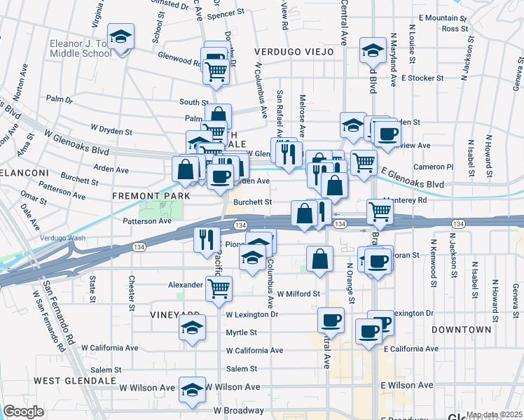 map of restaurants, bars, coffee shops, grocery stores, and more near 408 Burchett Street in Glendale