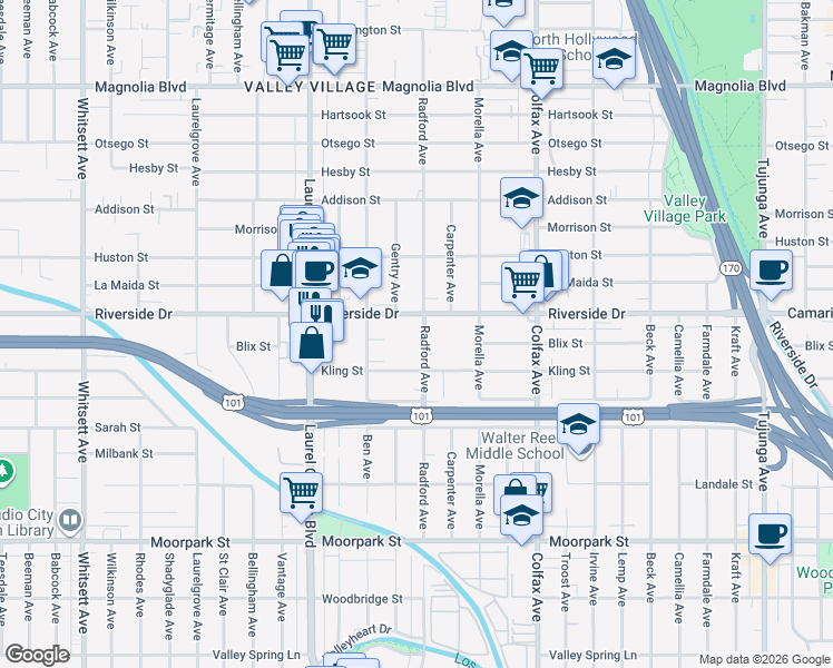 map of restaurants, bars, coffee shops, grocery stores, and more near 4741 Radford Avenue in Los Angeles