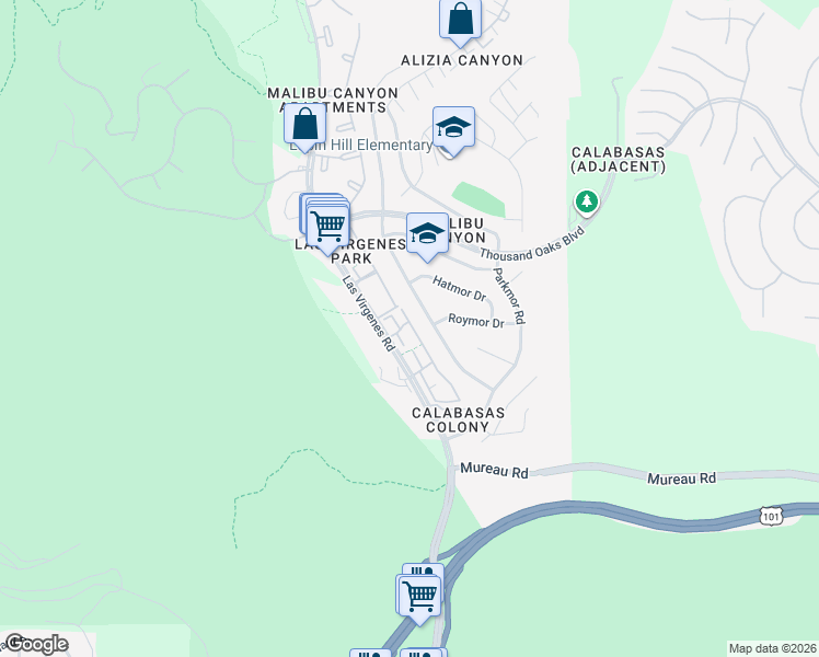 map of restaurants, bars, coffee shops, grocery stores, and more near 26304 West Bravo Lane in Calabasas