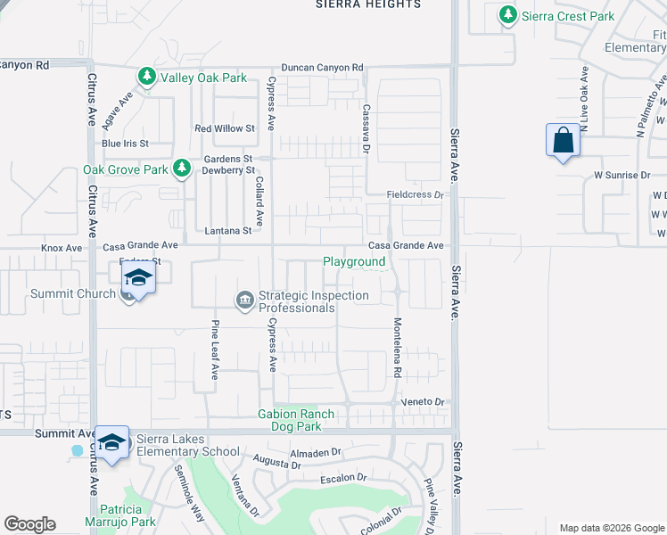 map of restaurants, bars, coffee shops, grocery stores, and more near 5370 Kastania Way in Fontana