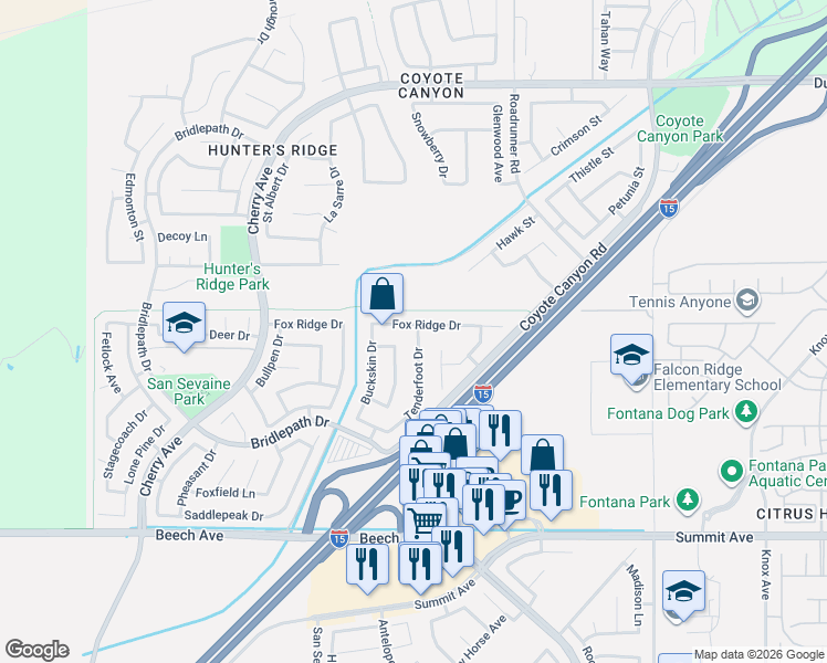 map of restaurants, bars, coffee shops, grocery stores, and more near 5365 Tenderfoot Drive in Fontana
