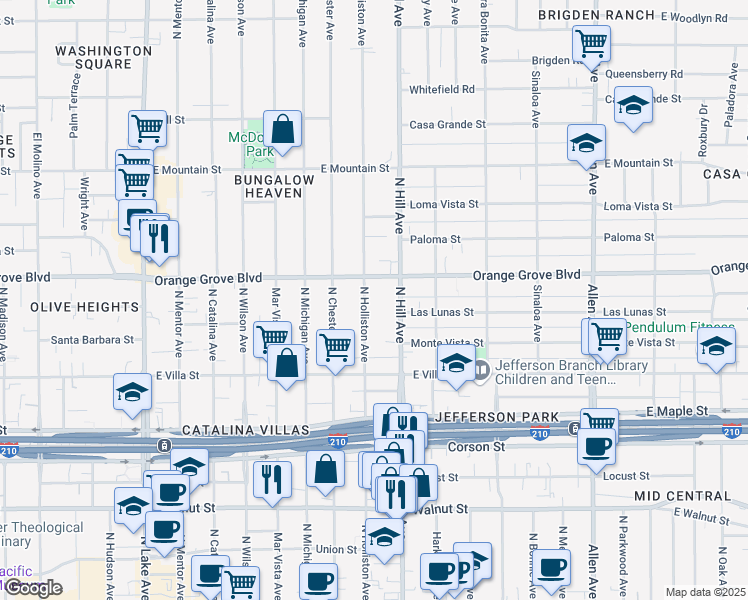 map of restaurants, bars, coffee shops, grocery stores, and more near 609 North Hill Avenue in Pasadena