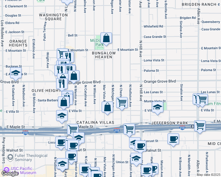 map of restaurants, bars, coffee shops, grocery stores, and more near 614 Mar Vista Avenue in Pasadena
