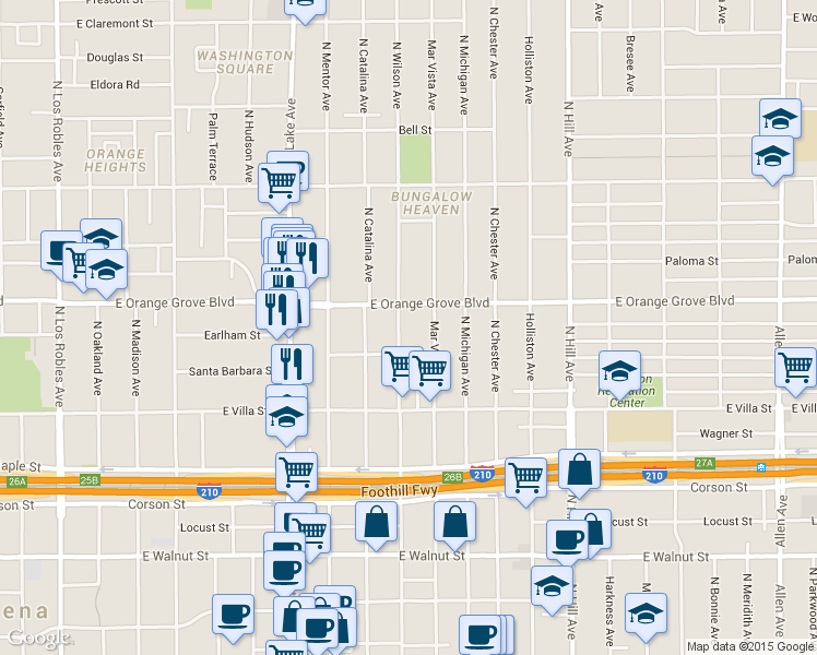 map of restaurants, bars, coffee shops, grocery stores, and more near 608 North Wilson Avenue in Pasadena