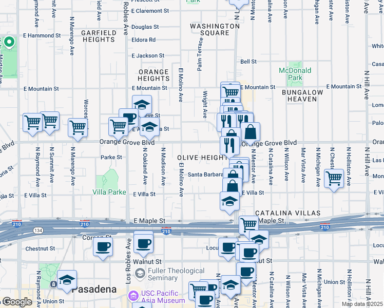 map of restaurants, bars, coffee shops, grocery stores, and more near 728 Earlham Street in Pasadena