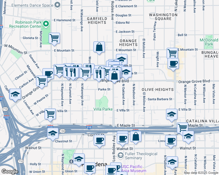 map of restaurants, bars, coffee shops, grocery stores, and more near 620 North Los Robles Avenue in Pasadena