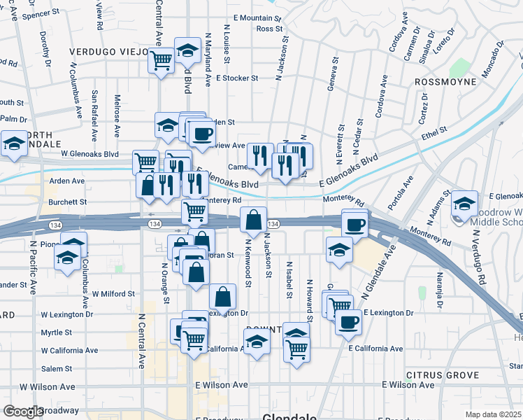 map of restaurants, bars, coffee shops, grocery stores, and more near 708 North Kenwood Street in Glendale