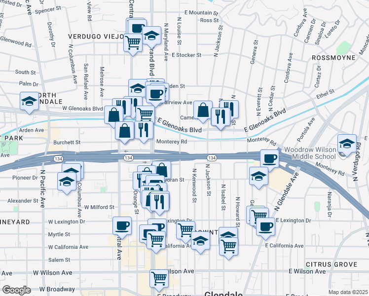 map of restaurants, bars, coffee shops, grocery stores, and more near 629 North Kenwood Street in Glendale