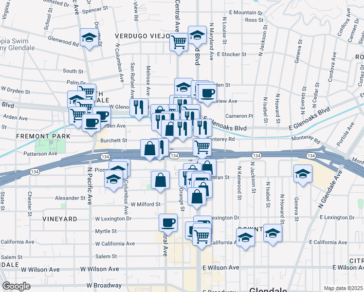 map of restaurants, bars, coffee shops, grocery stores, and more near 207 Goode Avenue in Glendale
