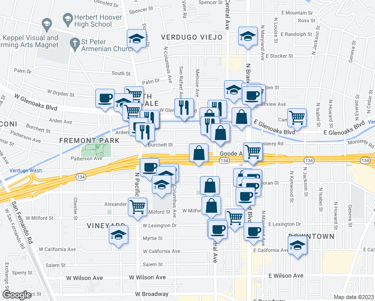 map of restaurants, bars, coffee shops, grocery stores, and more near 350 Burchett Street in Glendale