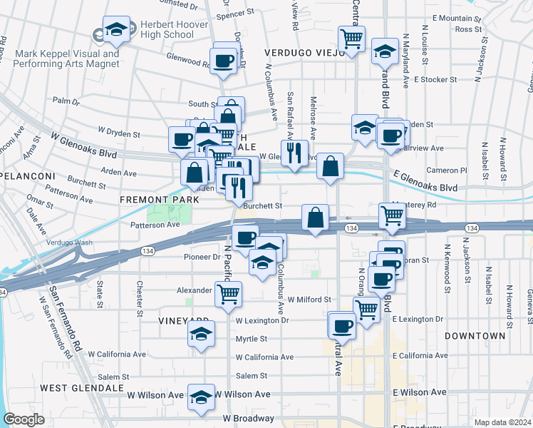 map of restaurants, bars, coffee shops, grocery stores, and more near 426 Burchett Street in Glendale
