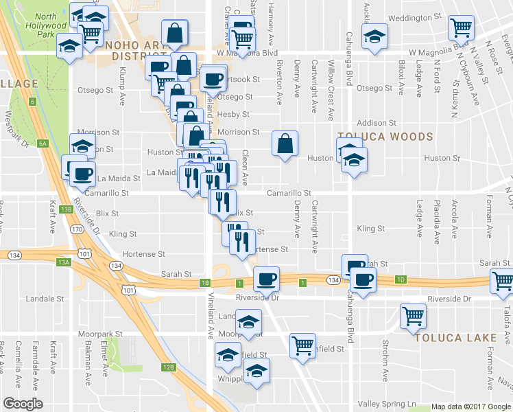 map of restaurants, bars, coffee shops, grocery stores, and more near 10864 Blix Street in Los Angeles