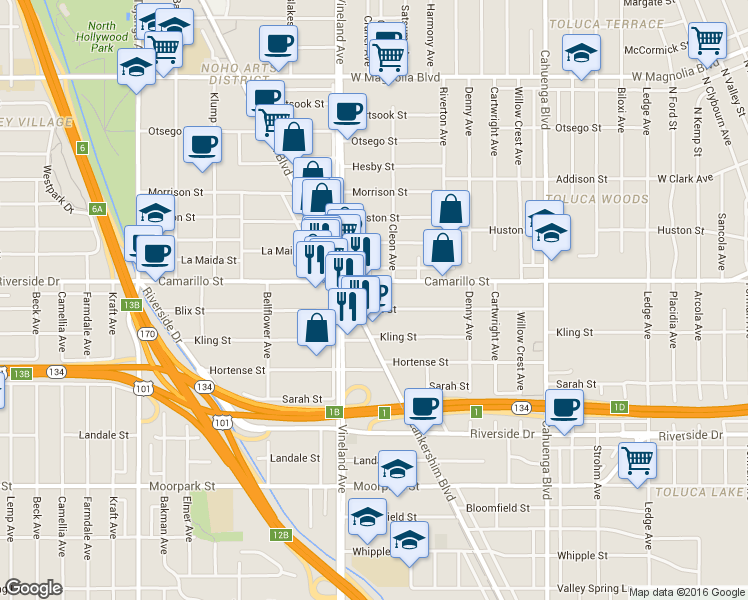 map of restaurants, bars, coffee shops, grocery stores, and more near 4750 Lankershim Boulevard in Los Angeles