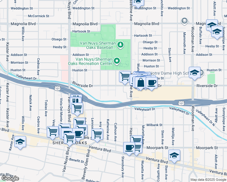 map of restaurants, bars, coffee shops, grocery stores, and more near 4714 Katherine Avenue in Los Angeles