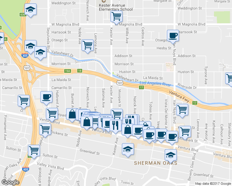 map of restaurants, bars, coffee shops, grocery stores, and more near 4724 Kester Avenue in Los Angeles