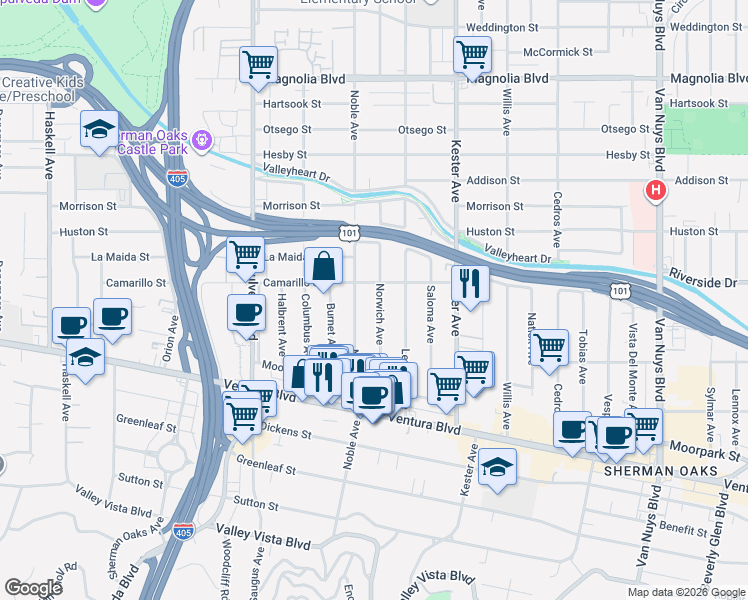 map of restaurants, bars, coffee shops, grocery stores, and more near 4729 Norwich Avenue in Los Angeles