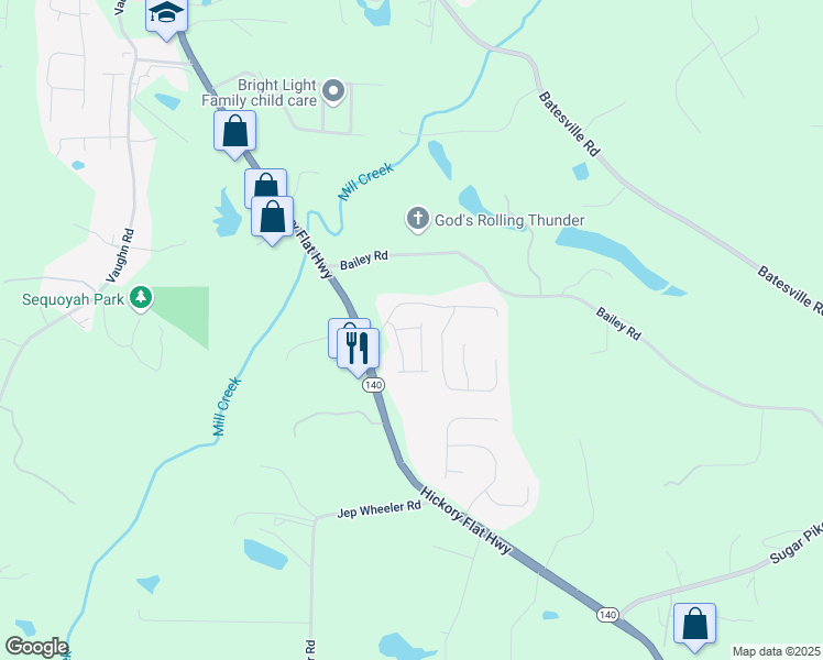 map of restaurants, bars, coffee shops, grocery stores, and more near Village Lane in Cherokee County