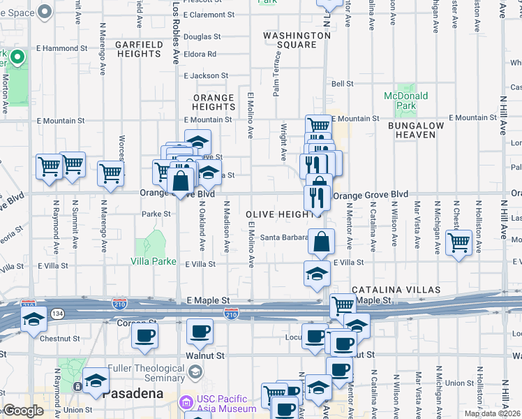map of restaurants, bars, coffee shops, grocery stores, and more near 679 Earlham Street in Pasadena