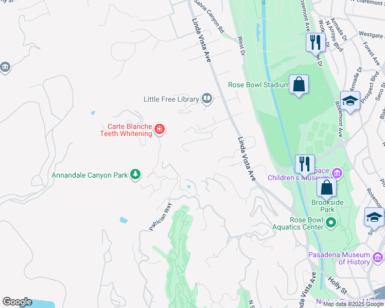 map of restaurants, bars, coffee shops, grocery stores, and more near 1460 Linda Ridge Road in Pasadena