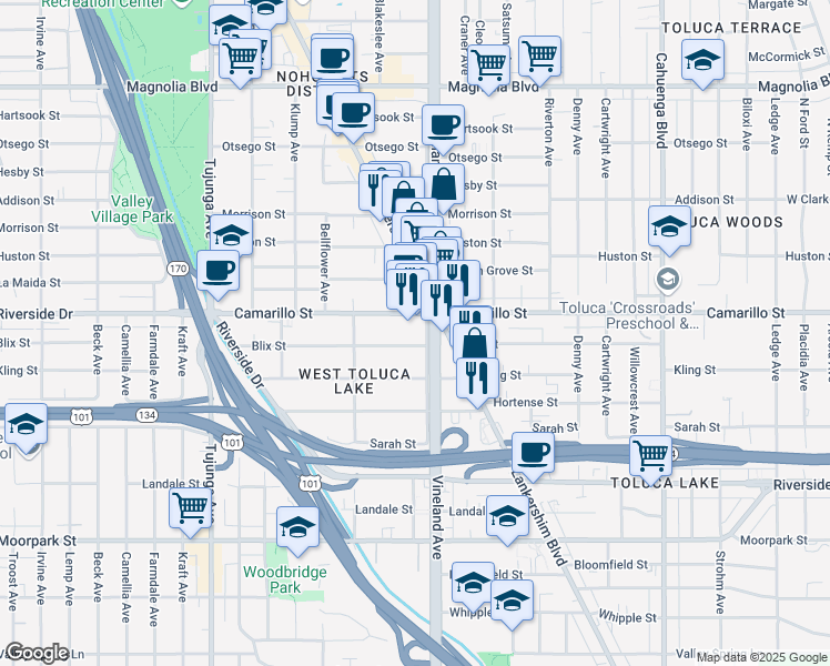 map of restaurants, bars, coffee shops, grocery stores, and more near 11015 Blix Street in Los Angeles