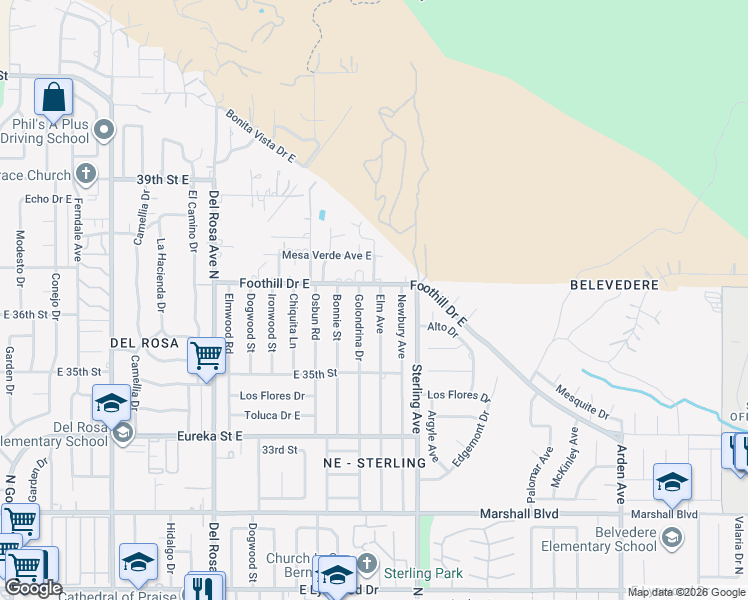 map of restaurants, bars, coffee shops, grocery stores, and more near 5332 Elm Avenue in San Bernardino
