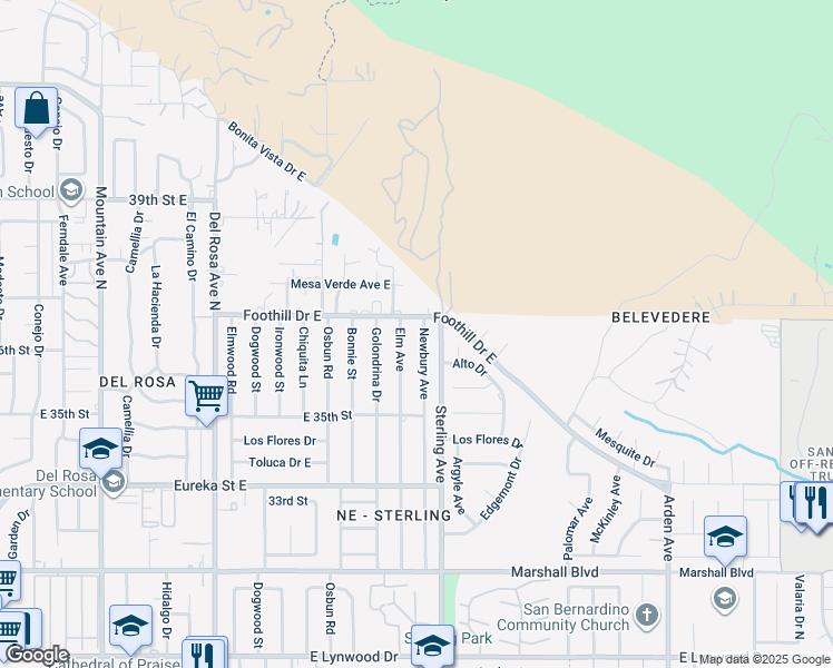 map of restaurants, bars, coffee shops, grocery stores, and more near 5332 Newbury Avenue in San Bernardino