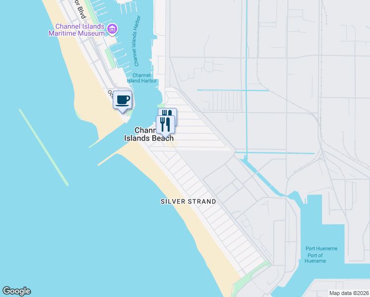 map of restaurants, bars, coffee shops, grocery stores, and more near 222 Highland Drive in Oxnard