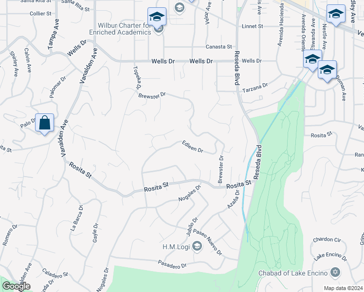 map of restaurants, bars, coffee shops, grocery stores, and more near 18818 Edleen Drive in Los Angeles