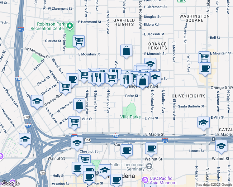 map of restaurants, bars, coffee shops, grocery stores, and more near 271 Parke Street in Pasadena