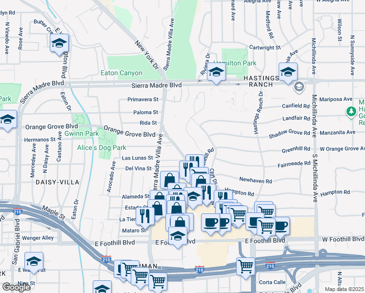 map of restaurants, bars, coffee shops, grocery stores, and more near 639 North Rosemead Boulevard in Pasadena