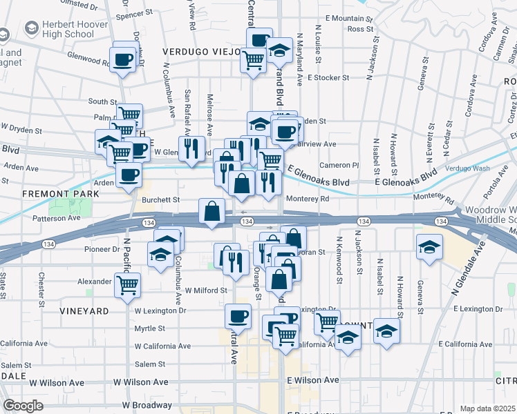 map of restaurants, bars, coffee shops, grocery stores, and more near 207 Goode Avenue in Glendale