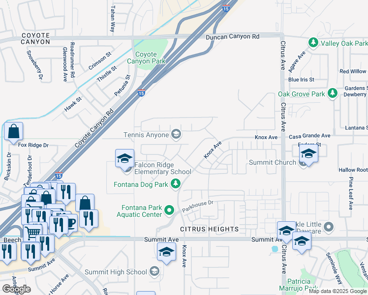 map of restaurants, bars, coffee shops, grocery stores, and more near 5345 Campania Way in Fontana