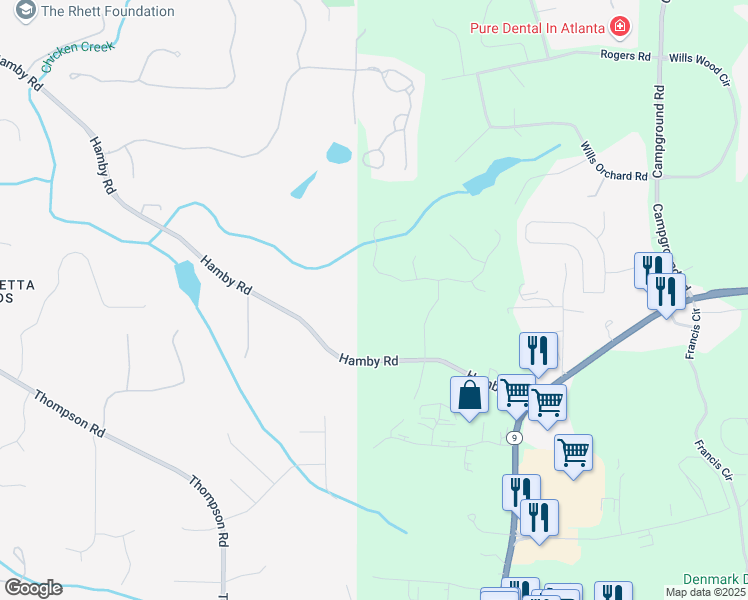 map of restaurants, bars, coffee shops, grocery stores, and more near 3620 Hamby Oaks Drive in Alpharetta