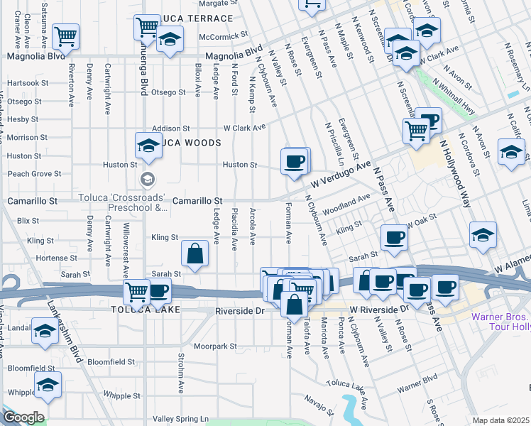 map of restaurants, bars, coffee shops, grocery stores, and more near 10240 Camarillo Street in Los Angeles