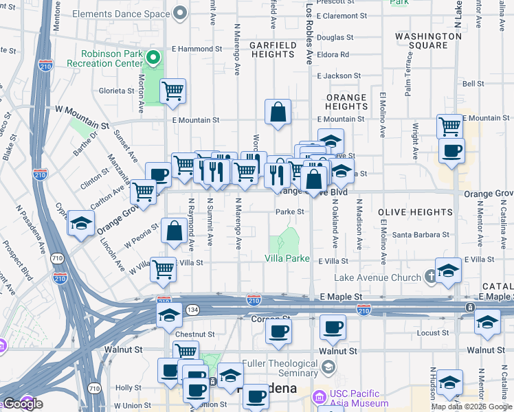 map of restaurants, bars, coffee shops, grocery stores, and more near 282 Parke Street in Pasadena