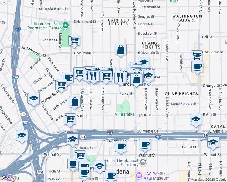 map of restaurants, bars, coffee shops, grocery stores, and more near 285 Parke Street in Pasadena