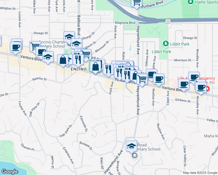 map of restaurants, bars, coffee shops, grocery stores, and more near 4723 Petit Avenue in Los Angeles