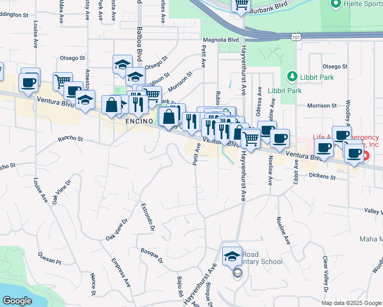 map of restaurants, bars, coffee shops, grocery stores, and more near 4723 Petit Avenue in Los Angeles