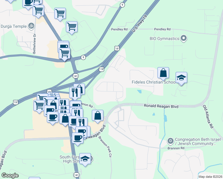 map of restaurants, bars, coffee shops, grocery stores, and more near 3260 Fitzgerald Way in Cumming
