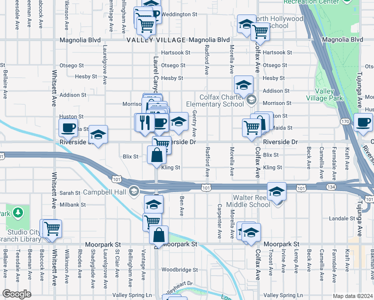 map of restaurants, bars, coffee shops, grocery stores, and more near 4744 Ben Avenue in Los Angeles