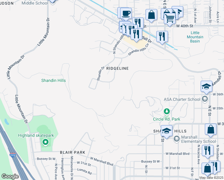 map of restaurants, bars, coffee shops, grocery stores, and more near 3617 North Valley Court in San Bernardino