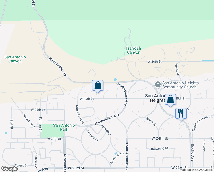 map of restaurants, bars, coffee shops, grocery stores, and more near 2521 Wildrose Lane in Upland