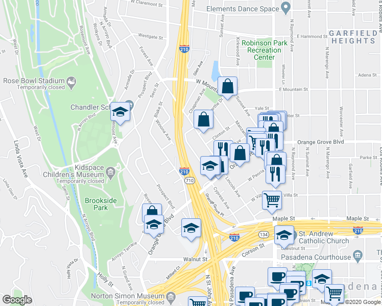 map of restaurants, bars, coffee shops, grocery stores, and more near 745 Cypress Avenue in Pasadena